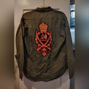 Men Jah Army drs Green Embroidered Lion Judah Long Sleeve Button Up Collar Shirt